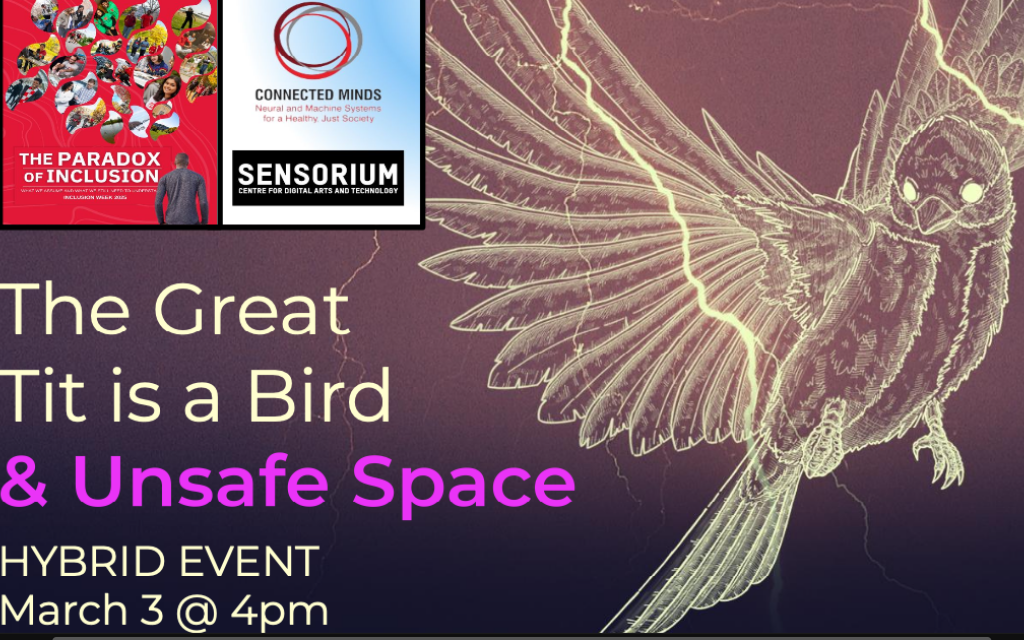 Load the image to see a purple poster with a line drawing of a flying bird and text that reads "Te Great Tit is a Bird & Unsafe Space, Hybrid Event, March 3 @ 4 PM"